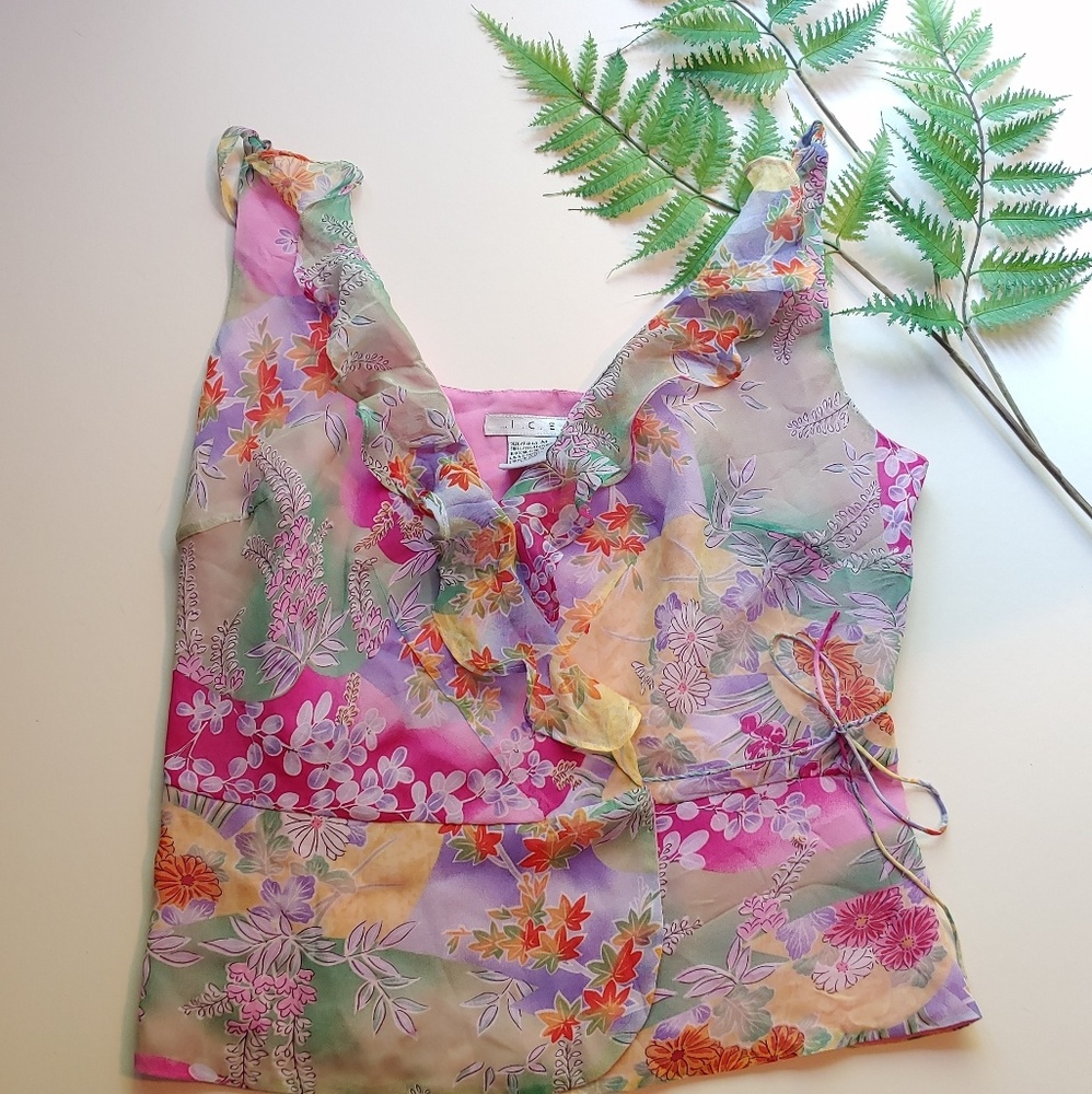 Silk floral flutter wrap blouse by ICE size Medium